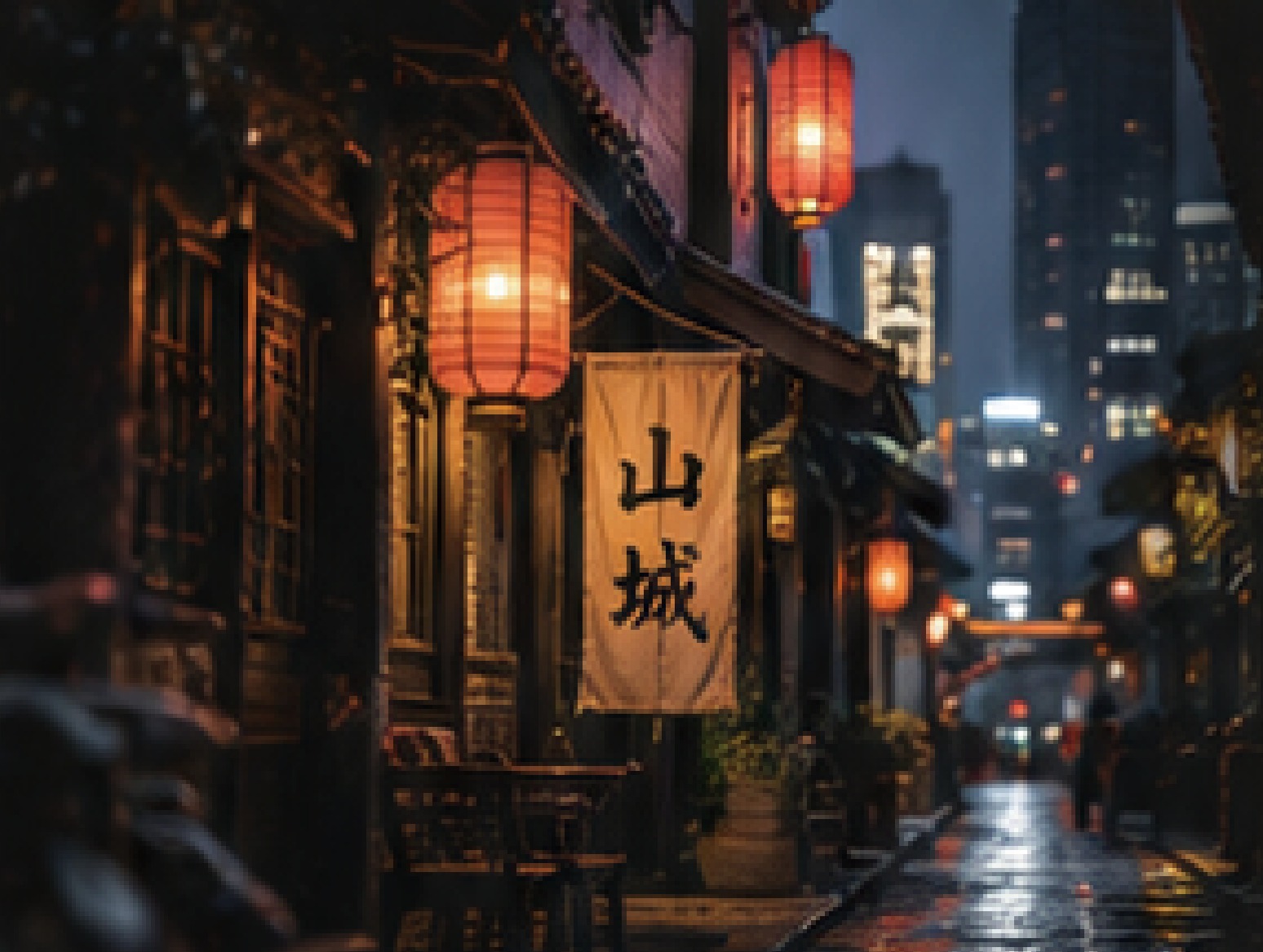 灯笼映照下的城市夜间街巷